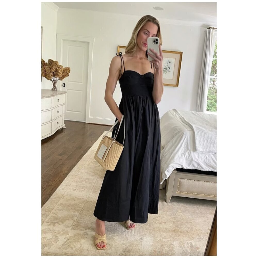 STAUD Landry Shoulder-Tie Smocked Maxi Dress in Black Size X-Large